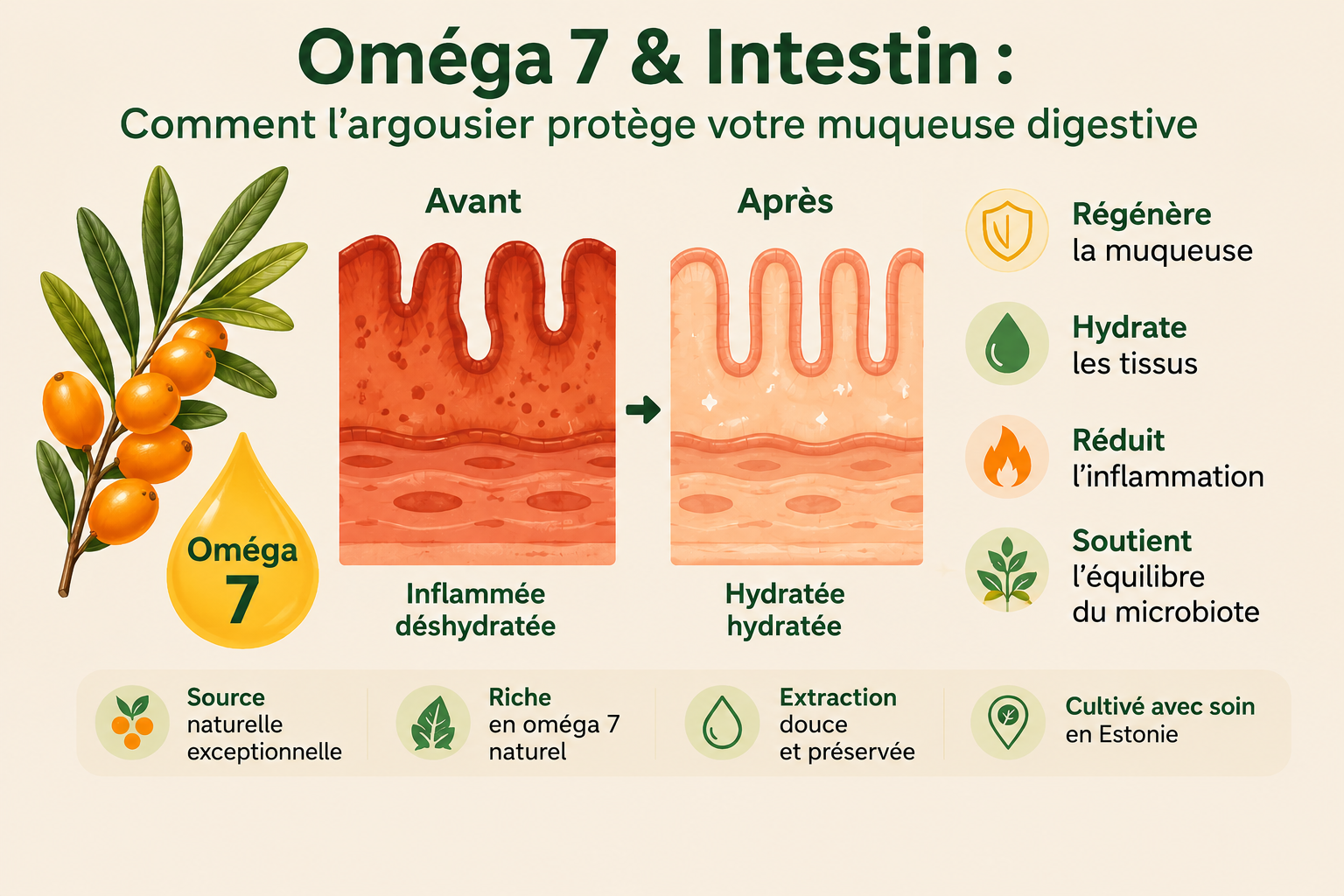 Infographie illustrant le rôle de l'oméga 7 naturellement présent dans l'argousier sur le maintien des muqueuses intestinales et le confort digestif. Image