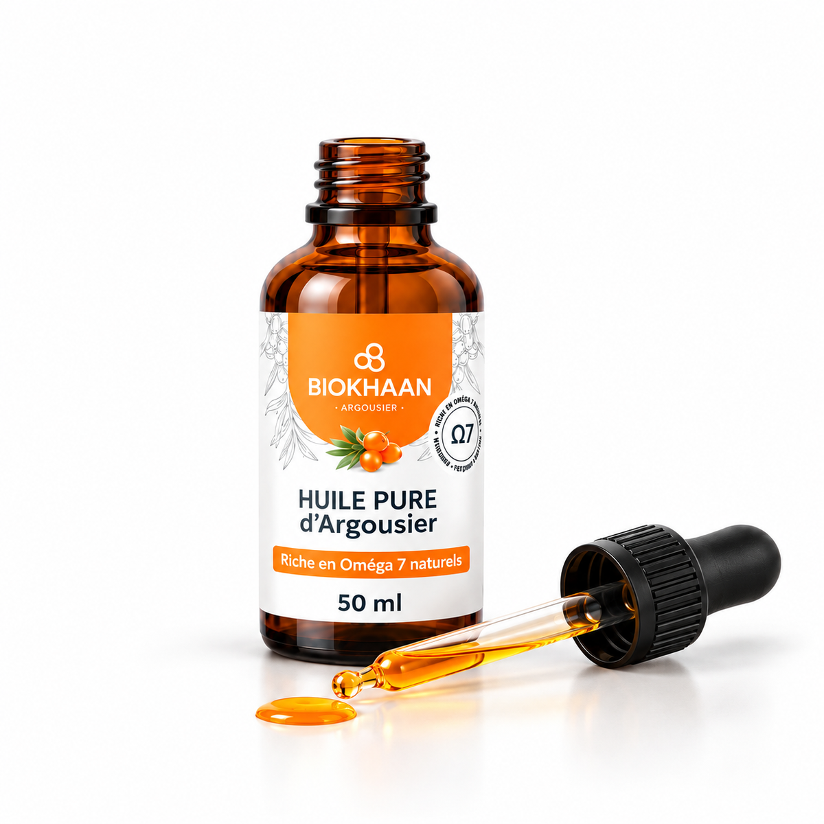 Flacon d'huile d'argousier BIOKHAAN 50 ml avec pipette, naturellement riche en Oméga 7.