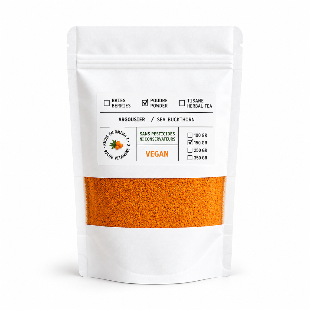 Sachet de poudre d'argousier BIOKHAAN 150 g sur fond blanc