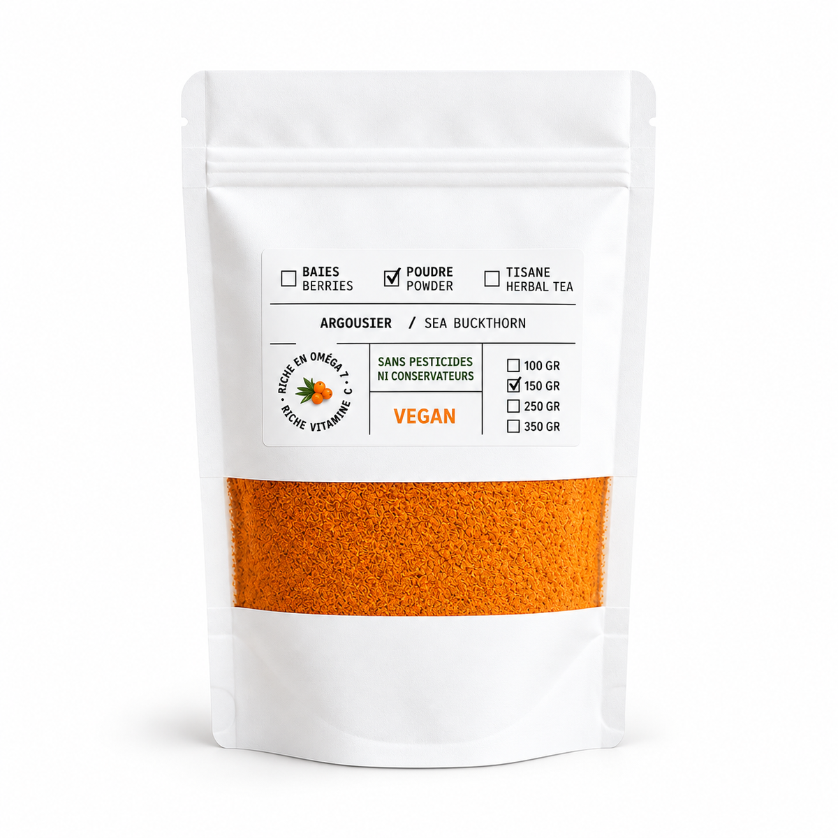 Sachet de poudre d'argousier BIOKHAAN 150 g sur fond blanc