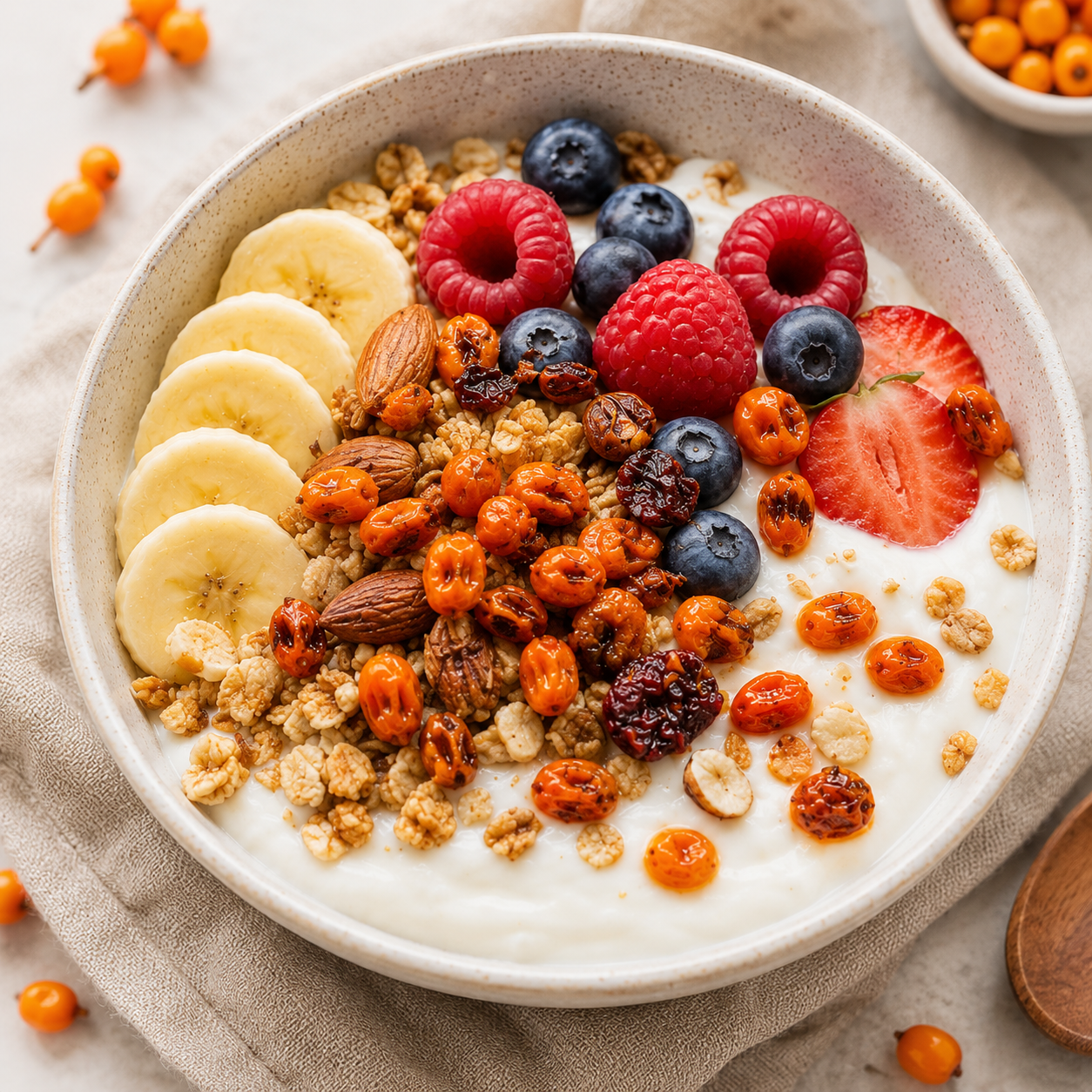 Bowl gourmand au yahourt, granola, fruits frais et baies d'argousier Biokhaan. Image