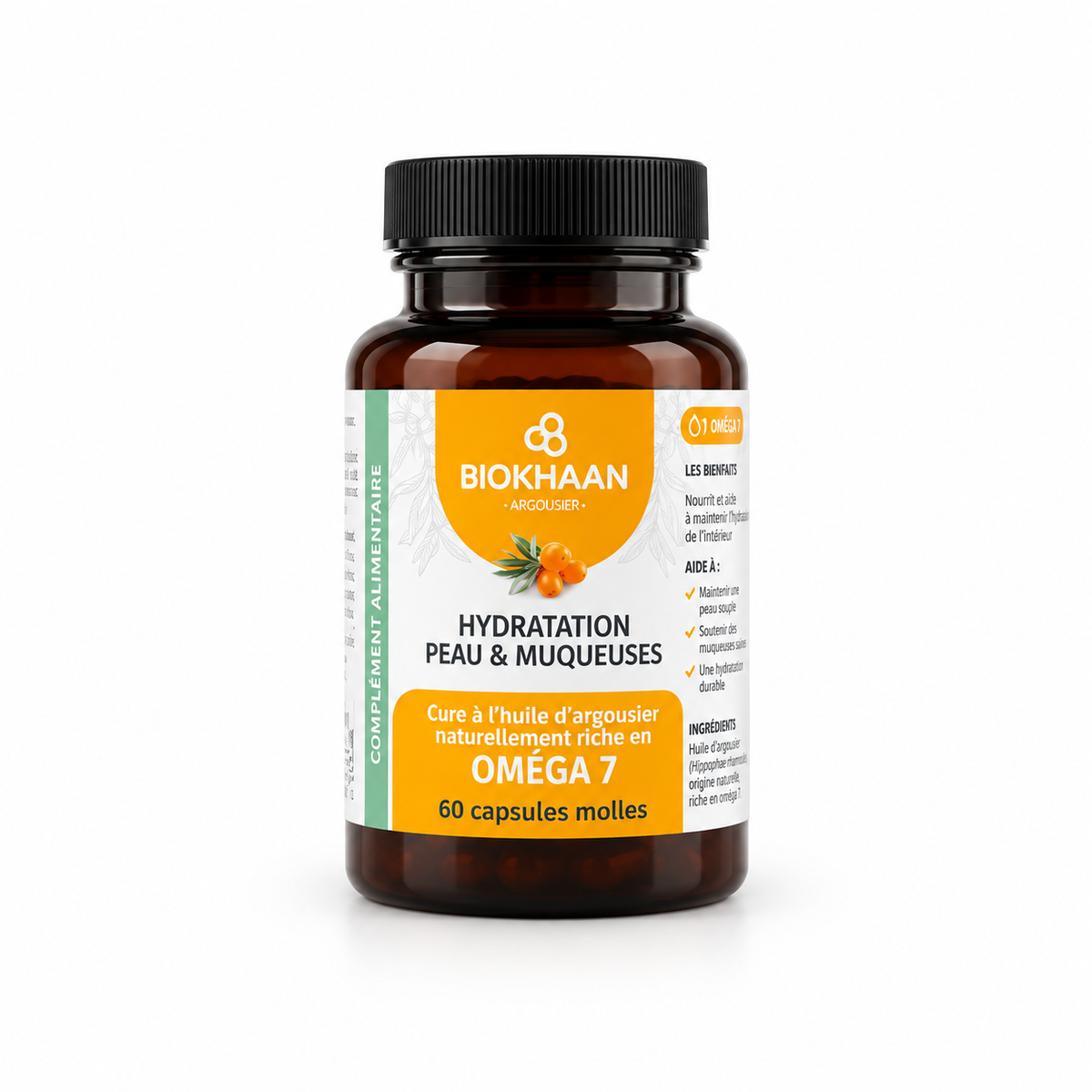 Flacon de capsules d'argousier BIOKHAAN Oméga 7 avec 60 capsules