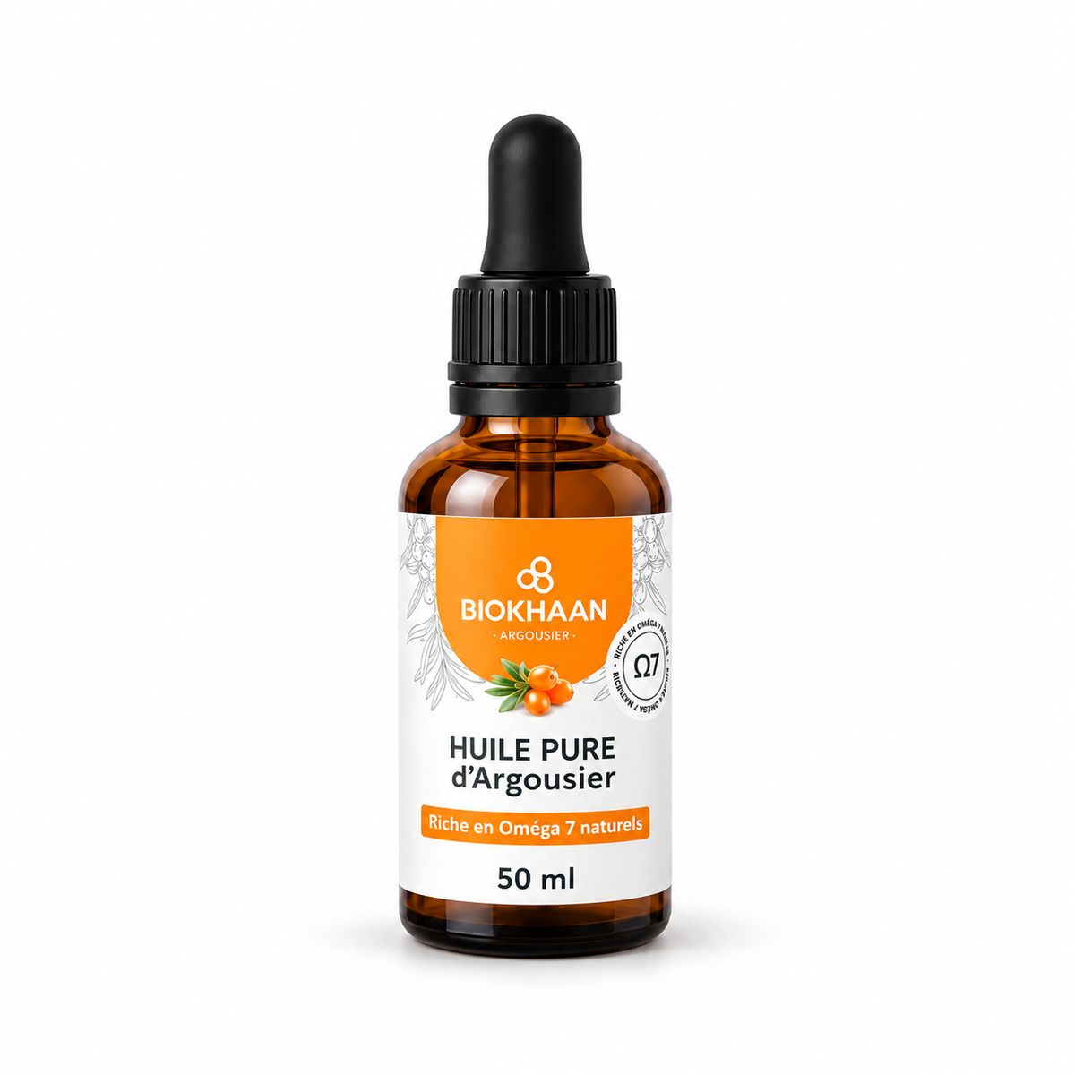 Huile pure d'argousier BIOKHAAN 50 ml en flacon compte-gouttes sur fond blanc